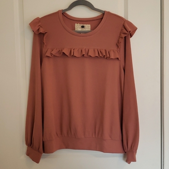 Cupio Women's Long Sleeve Ruffle Chest Knit Top Terracotta Clay - XL - Picture 3 of 10
